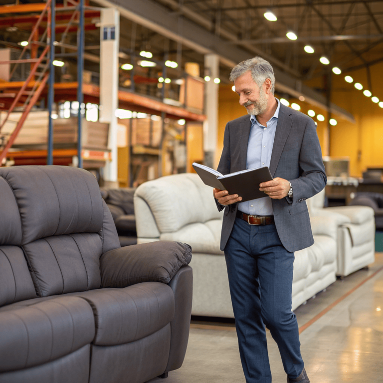 Geschäftsmann inspiziert Liegesofas in der Fabrik