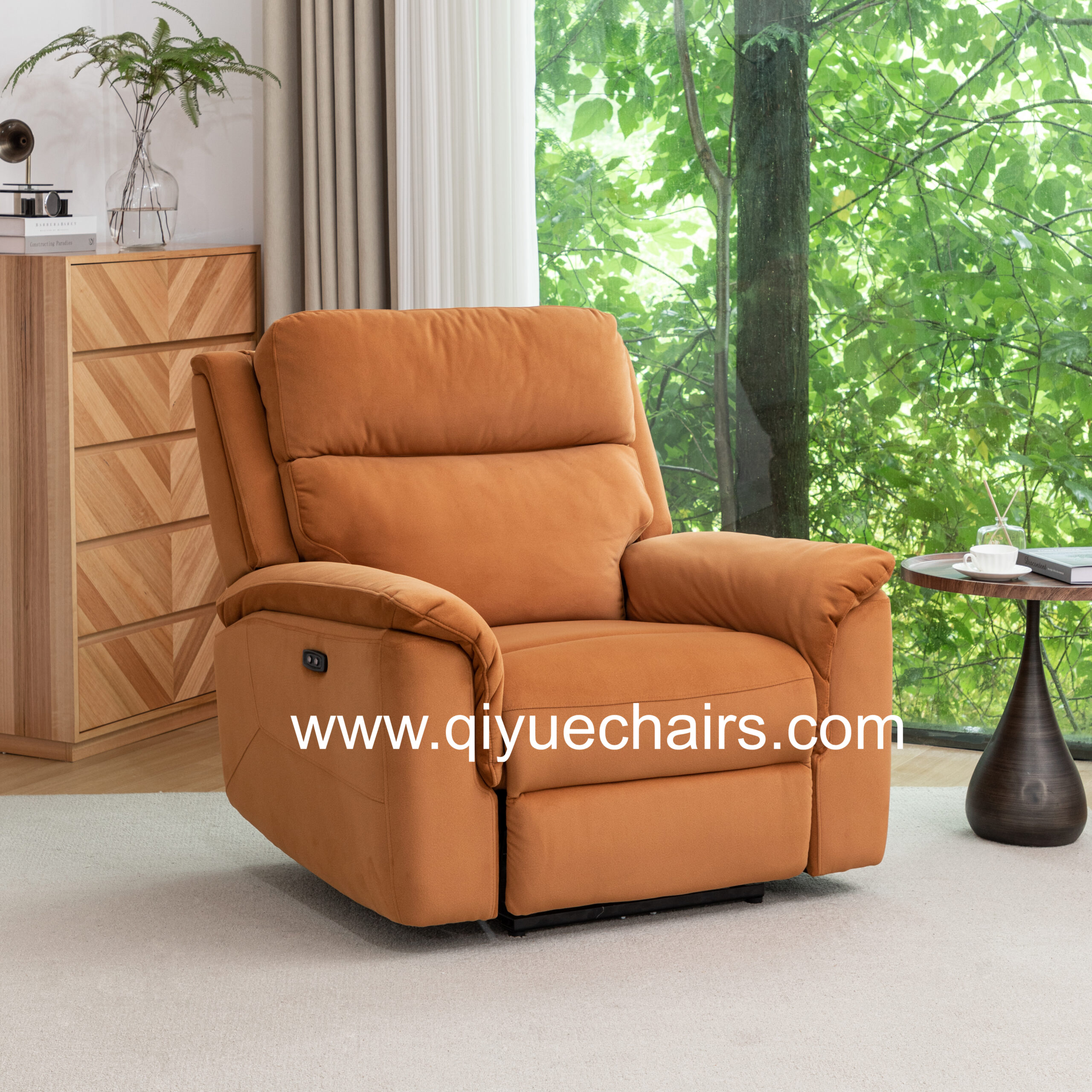 Single-seat orange fabric recliner near window