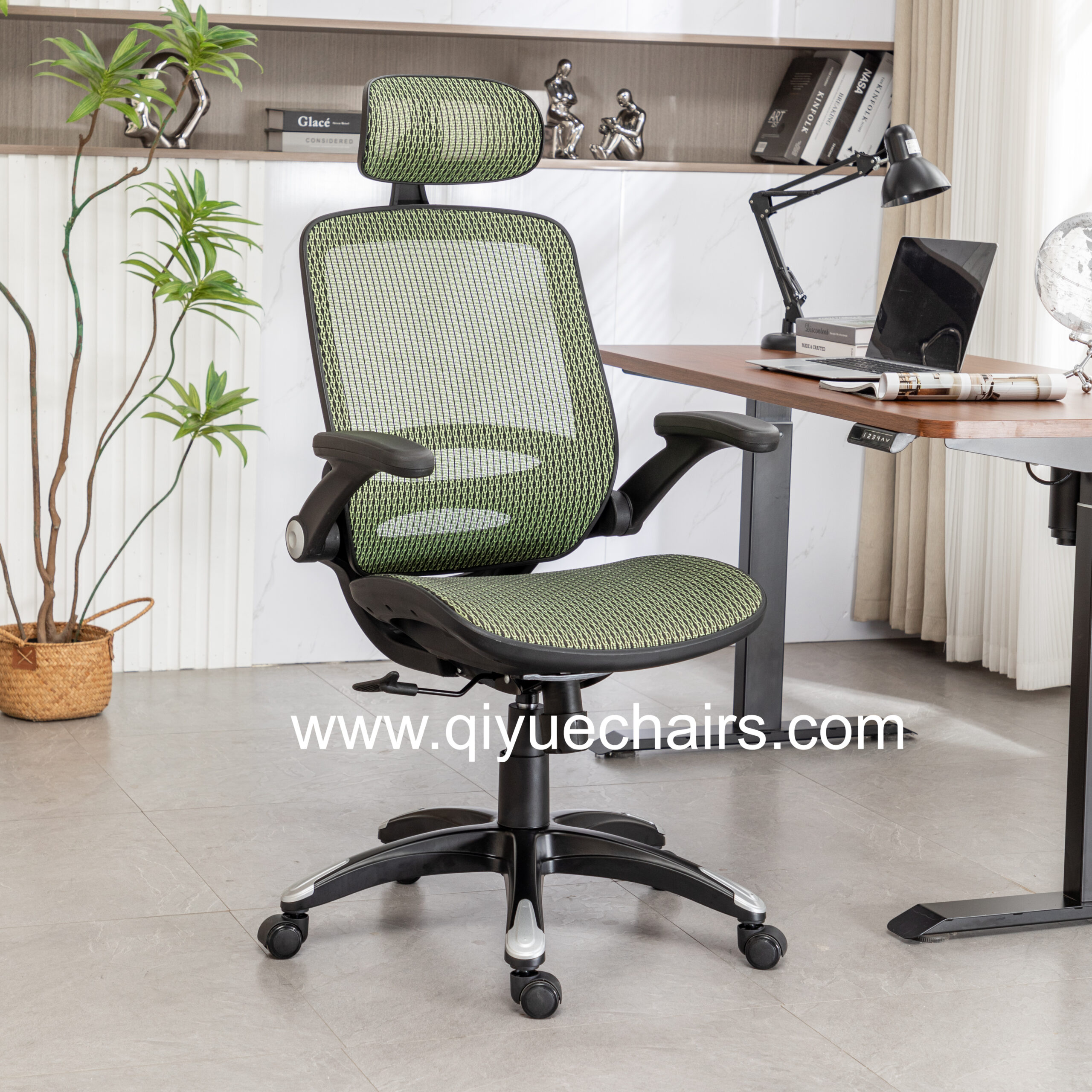 Green mesh ergonomic office chair with headrest