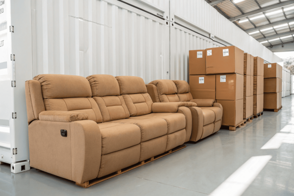 brown recliner sofas packed near export cartons