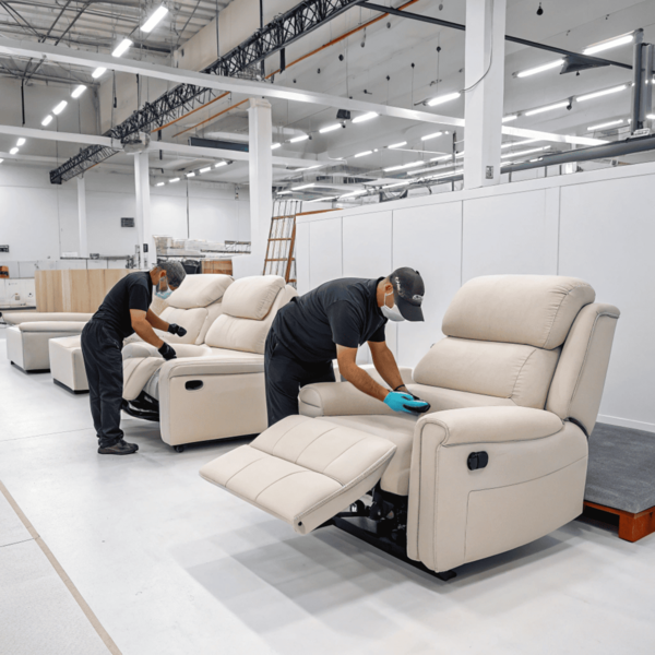 workers inspecting recliner sofas in bright factory