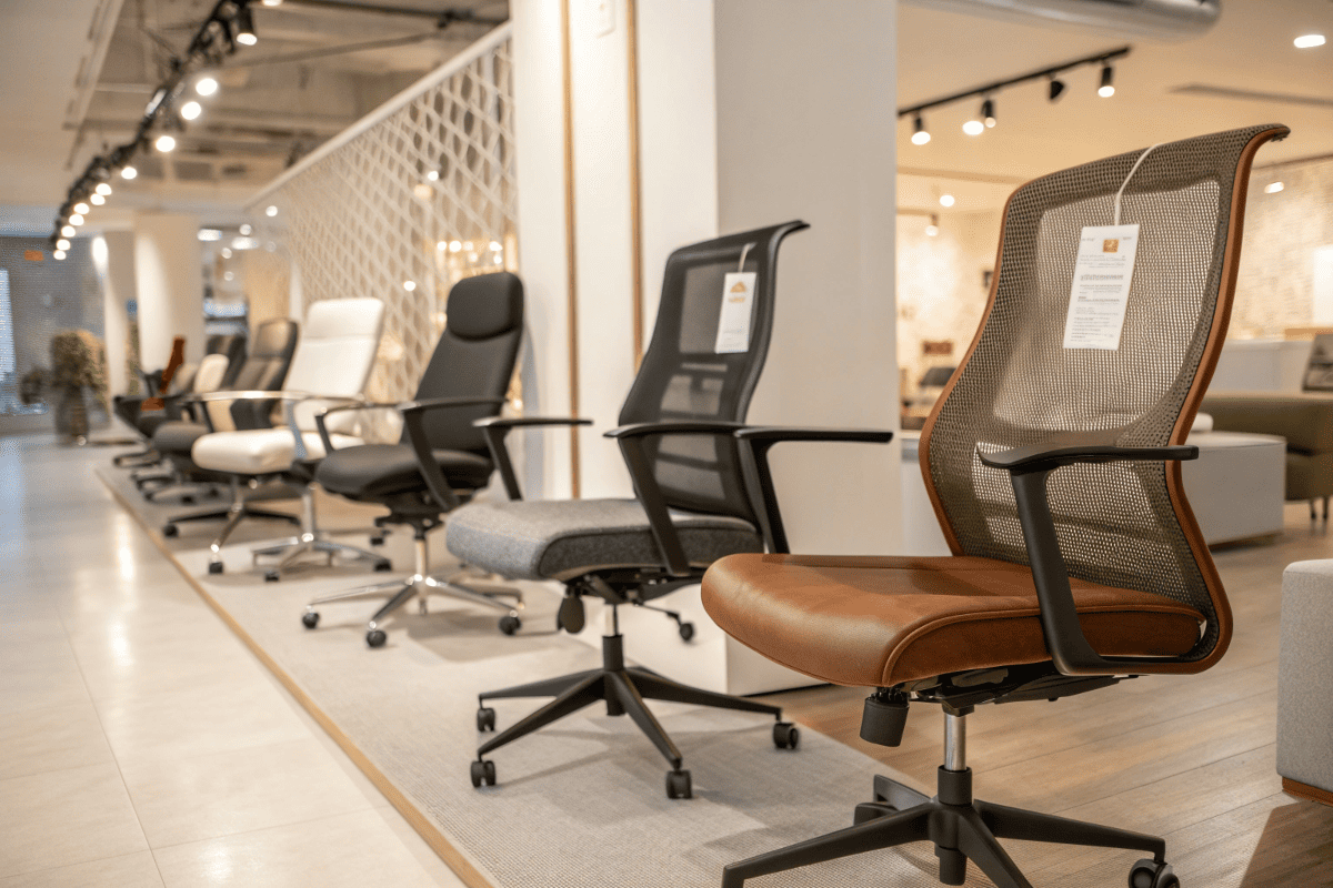 row of designer office chairs in showroom with visible price tags