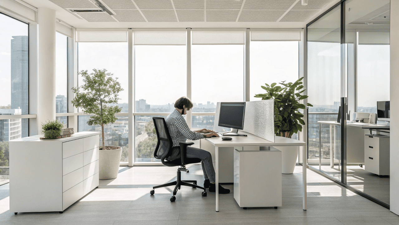 a person working with good posture at a bright modern desk
