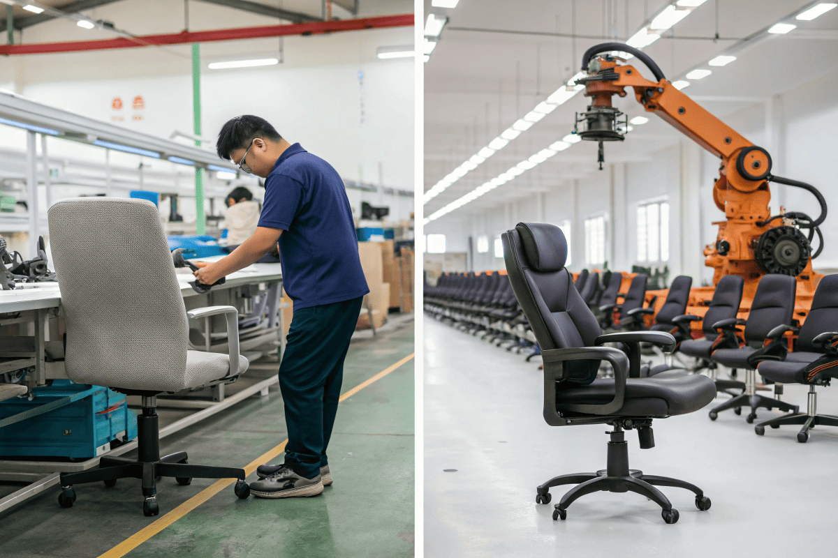 Worker assembling office chair and robotic production line in China