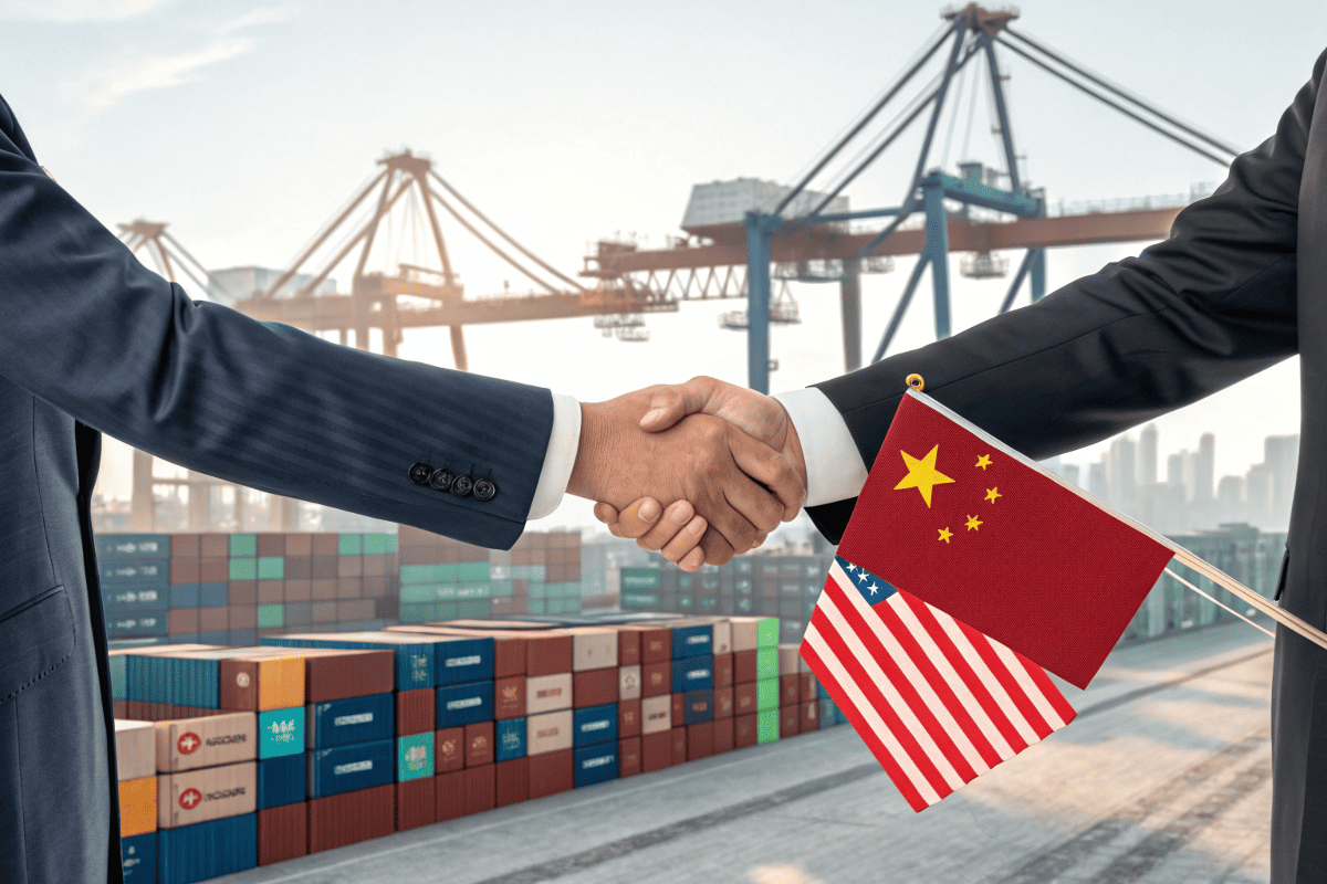 container handshake with china us flags