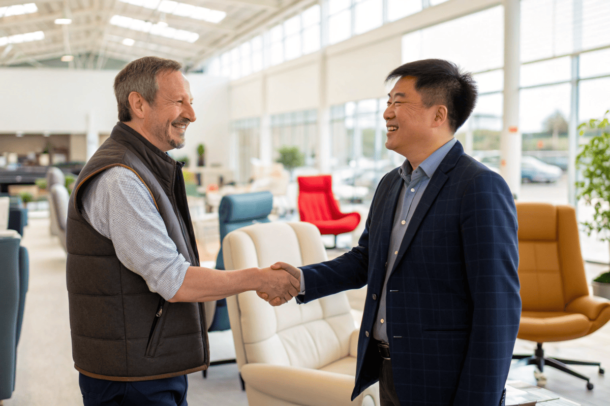 us buyer handshake at furniture factory