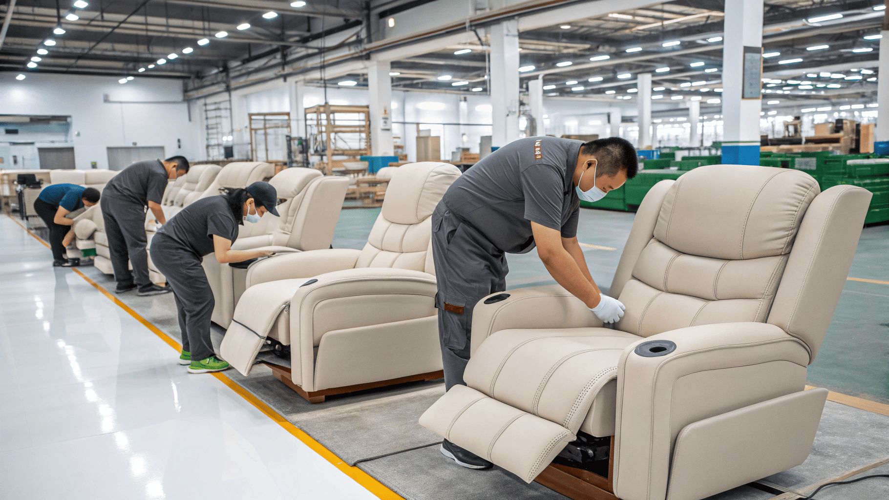 Workers inspecting recliner sofas in Chinese factory