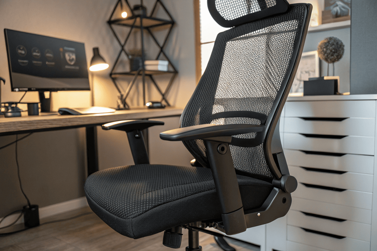 close-up of ergonomic mesh chair with adjustable lumbar support