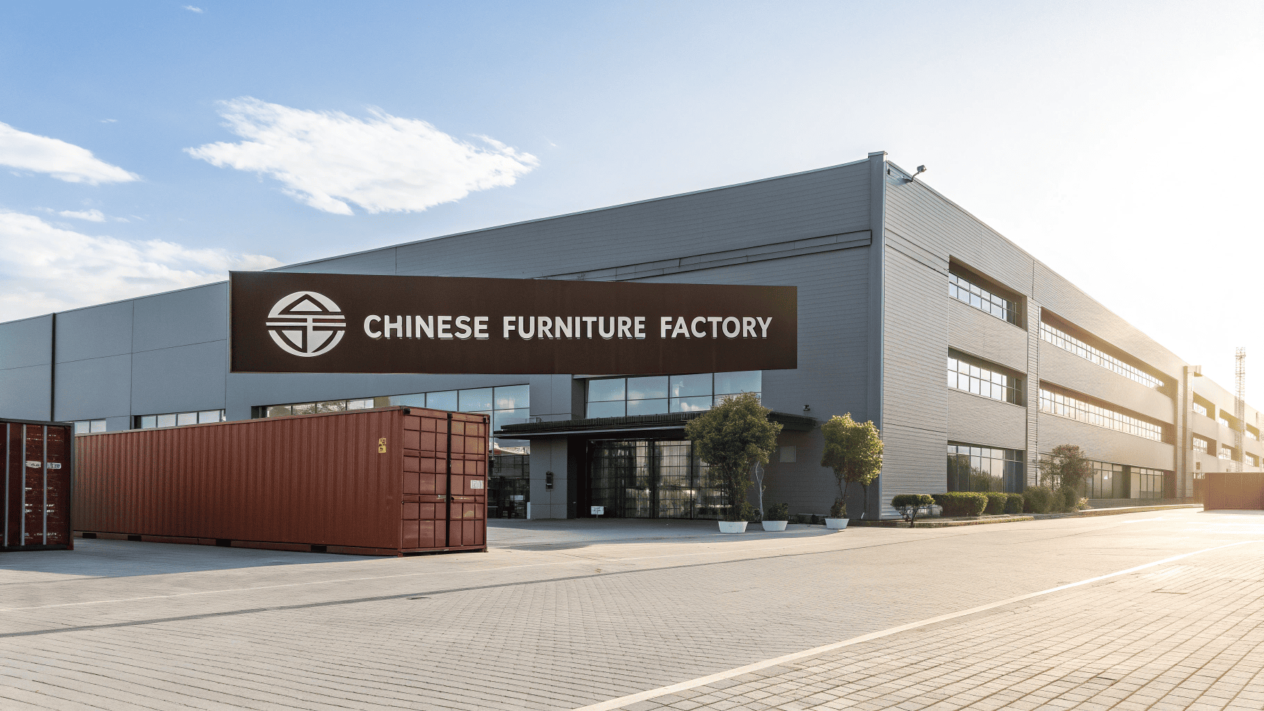 Modern Chinese furniture factory with containers outside