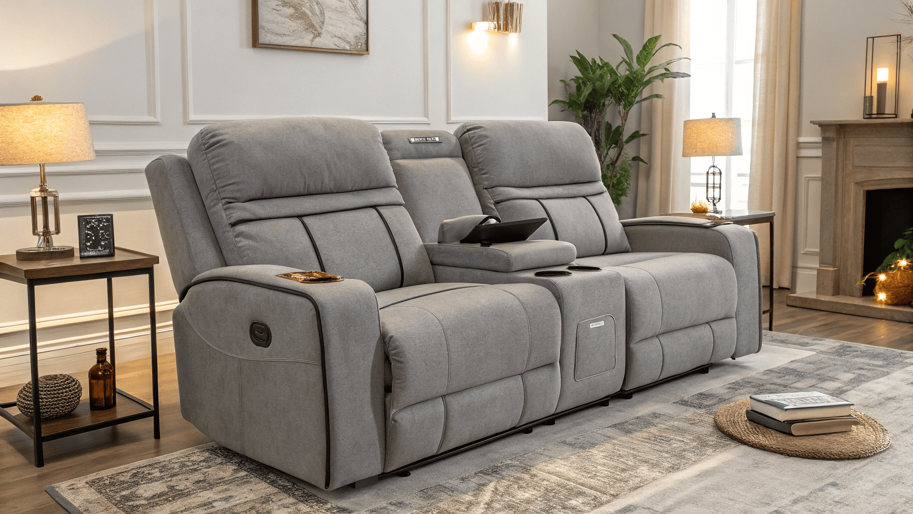 Gray electric recliner sofa with cup holder and storage