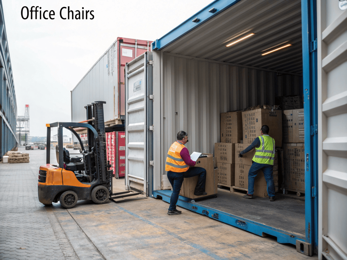 workers loading office chairs into shipping container