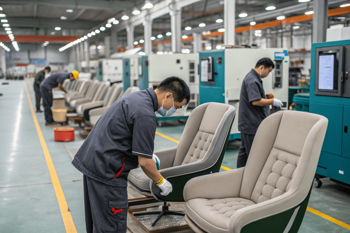 workers inspecting executive chairs in modern Chinese factory