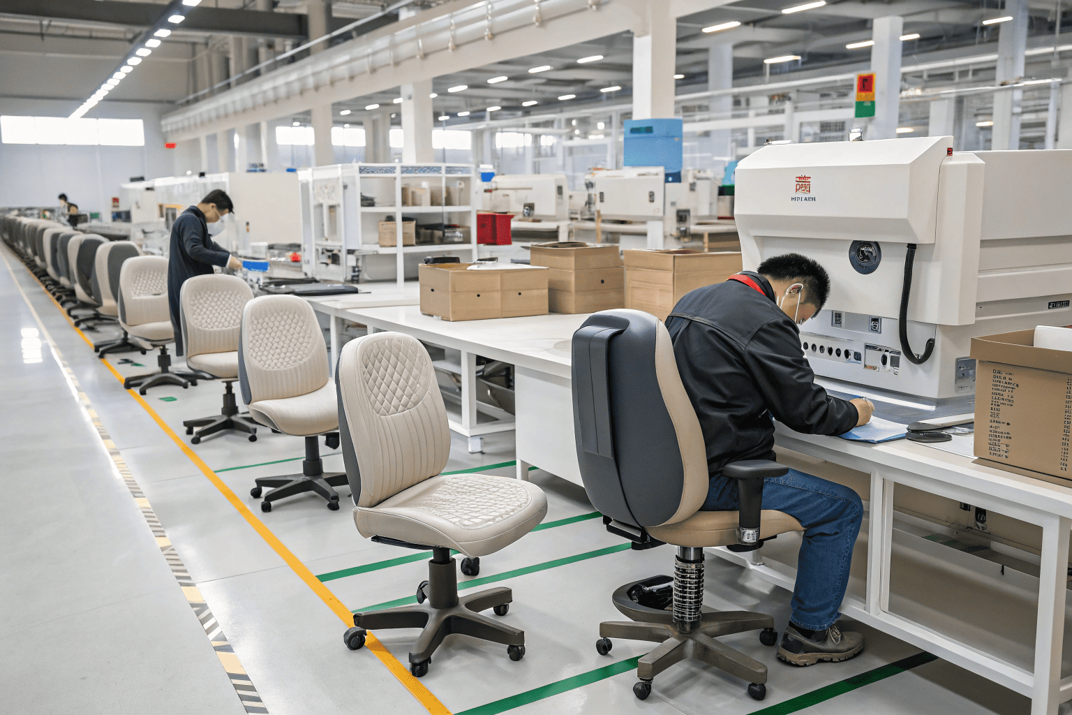 Technician testing ergonomic chairs in clean Chinese factory