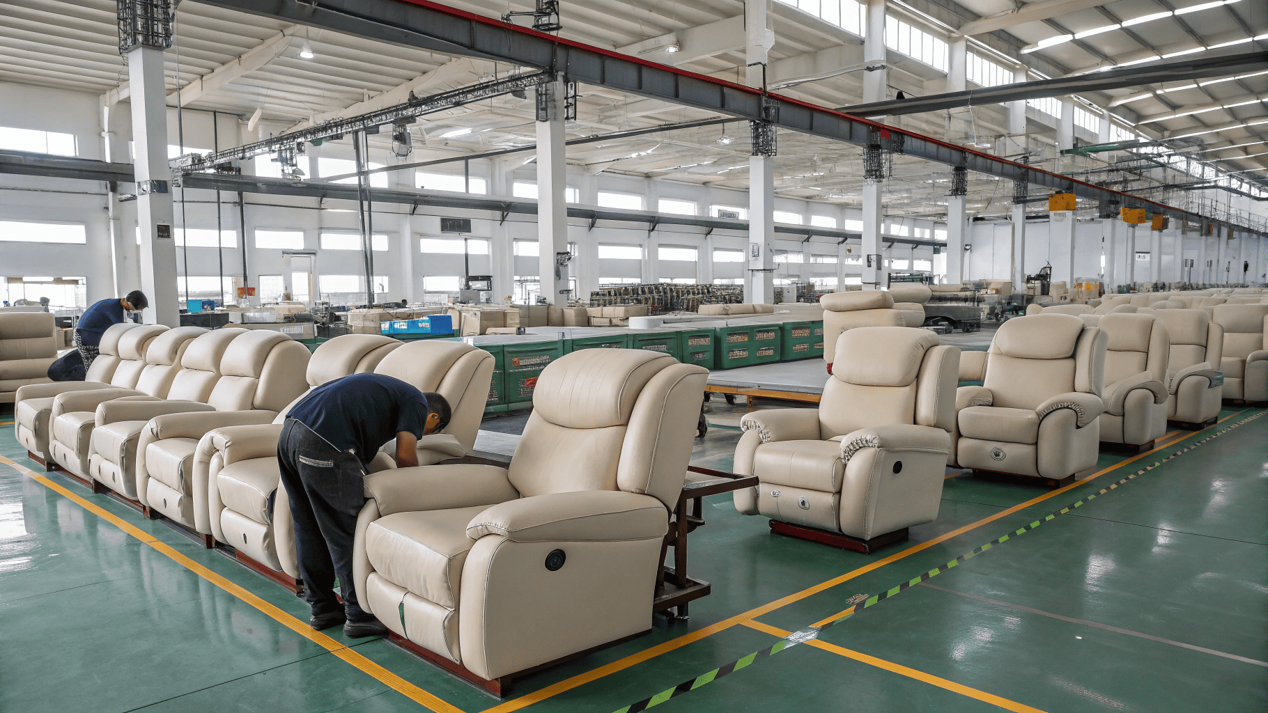 Workers assembling beige recliner sofas in factory
