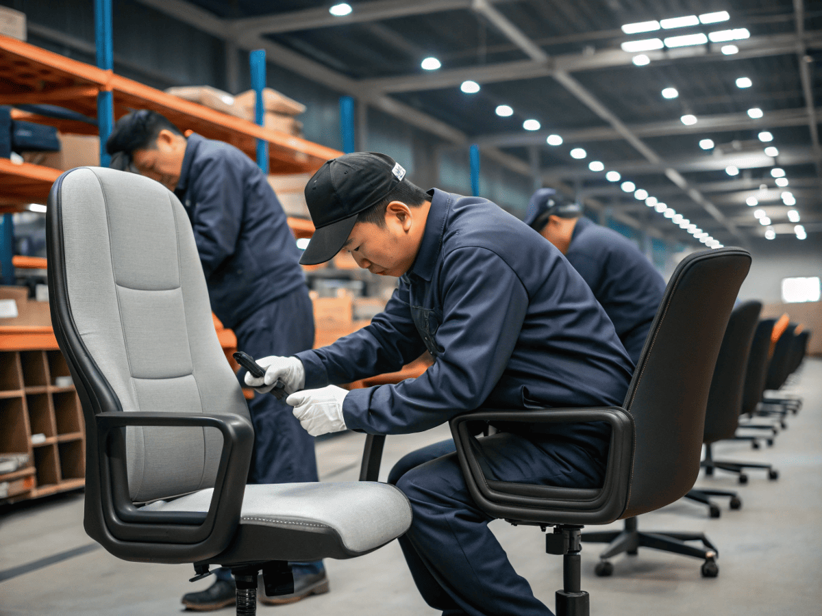 skilled workers assembling ergonomic office chairs