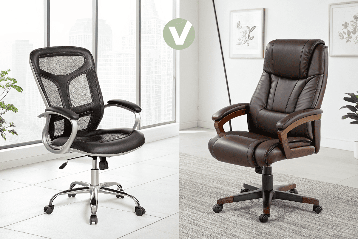 side-by-side comparison of mesh ergonomic and leather executive office chairs