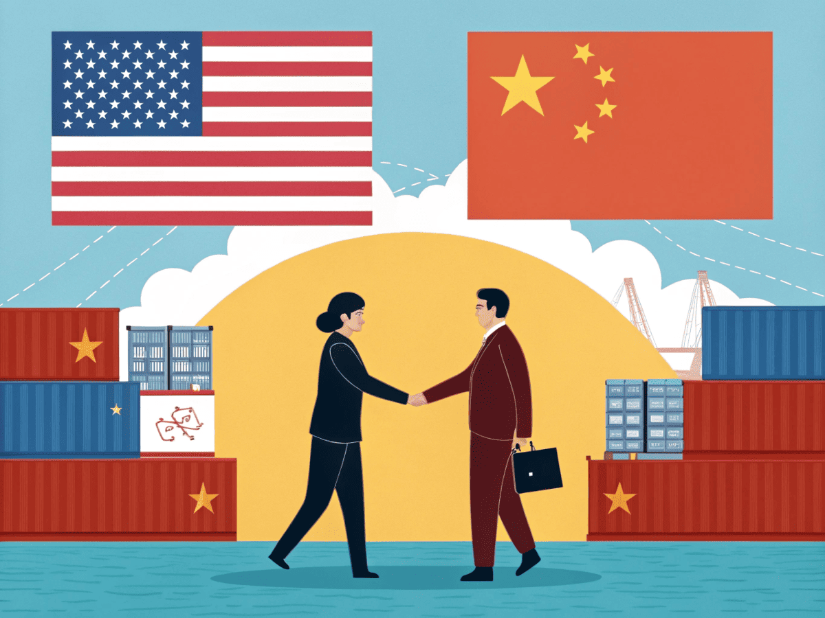 China and U.S. handshake with containers background, symbolizing trade cooperation