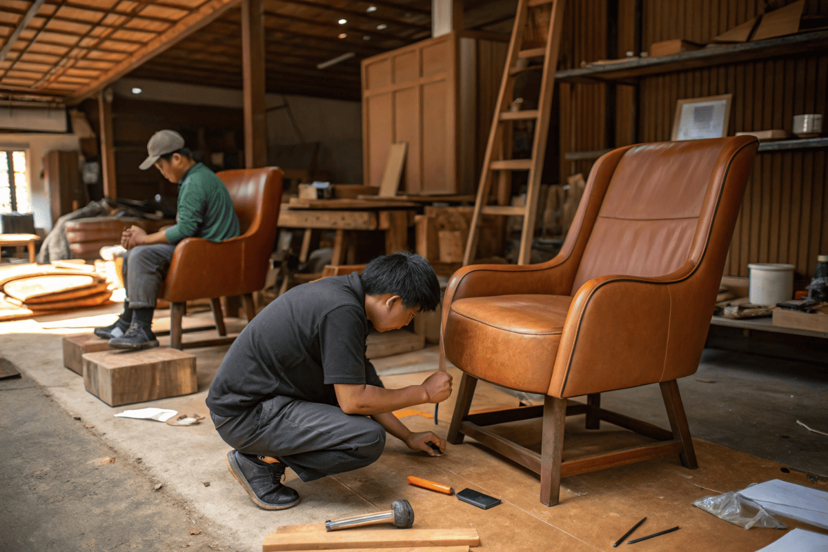 Vietnamese workers assembling leather chairs manually