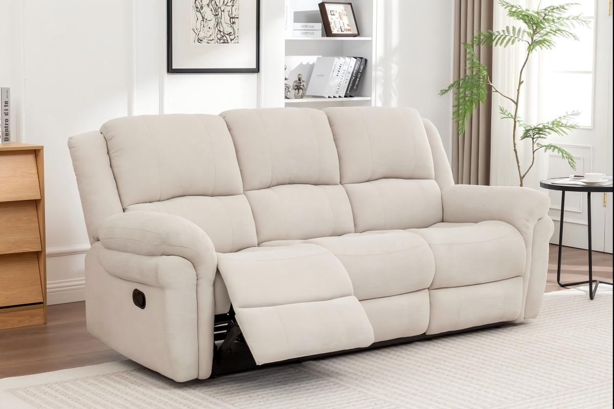 Three-seat beige fabric recliner with footrest extended