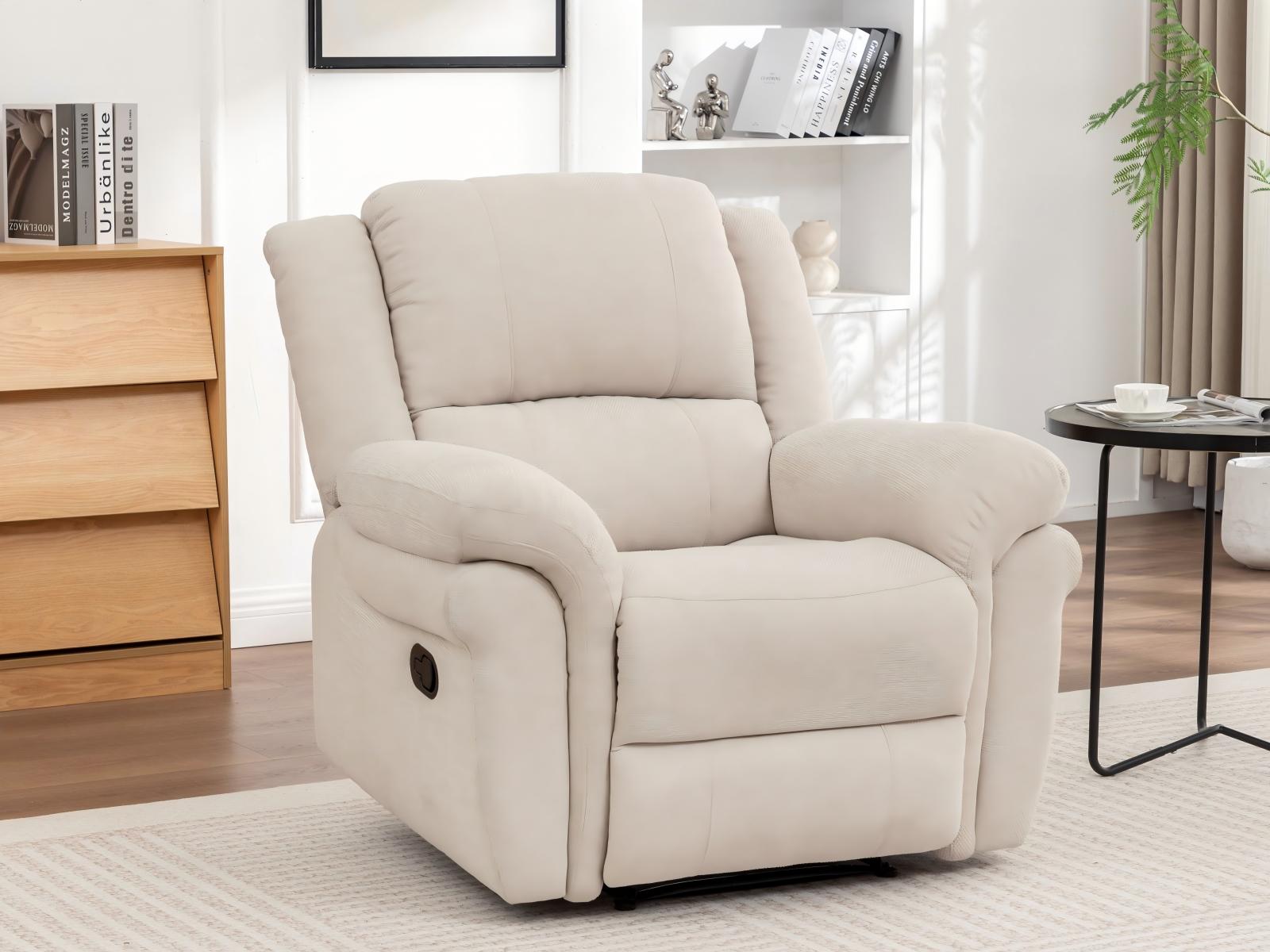 Compact beige fabric recliner in a cozy living room