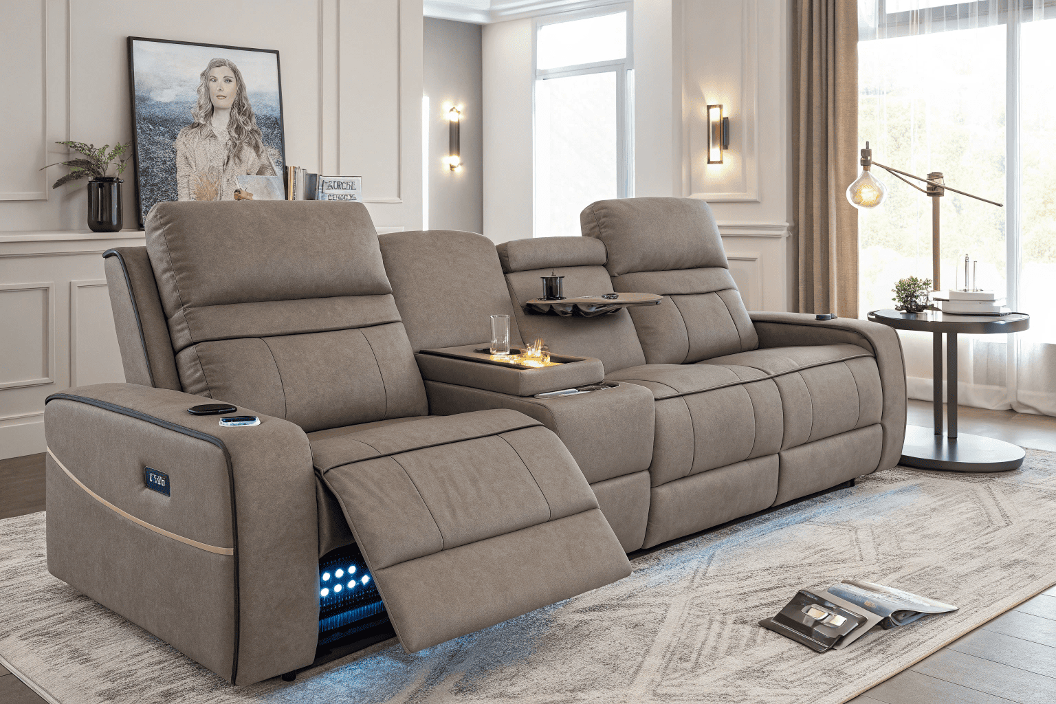 Modern functional recliner sofa with LED lights and USB ports