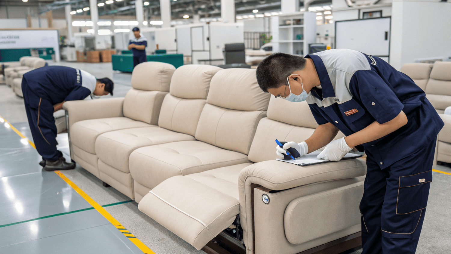 Inspector checking reclining mechanism in sofa factory