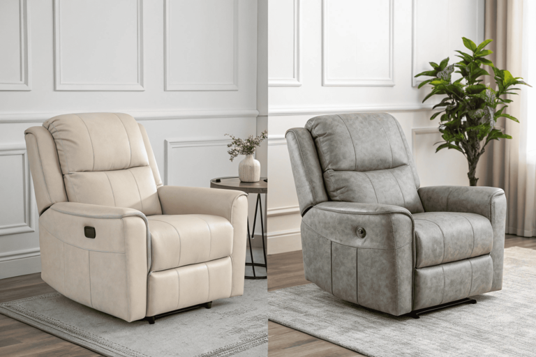 Side-by-side of leather and fabric recliners