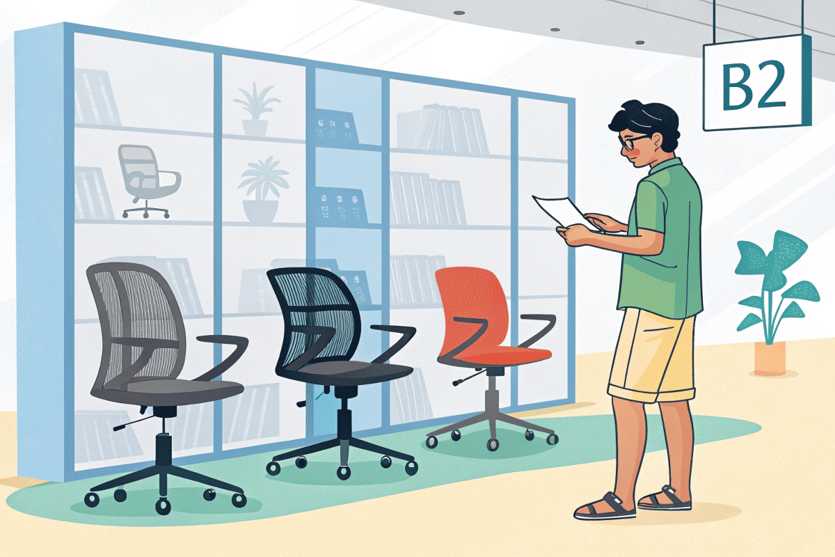 cartoon buyer choosing mesh chair