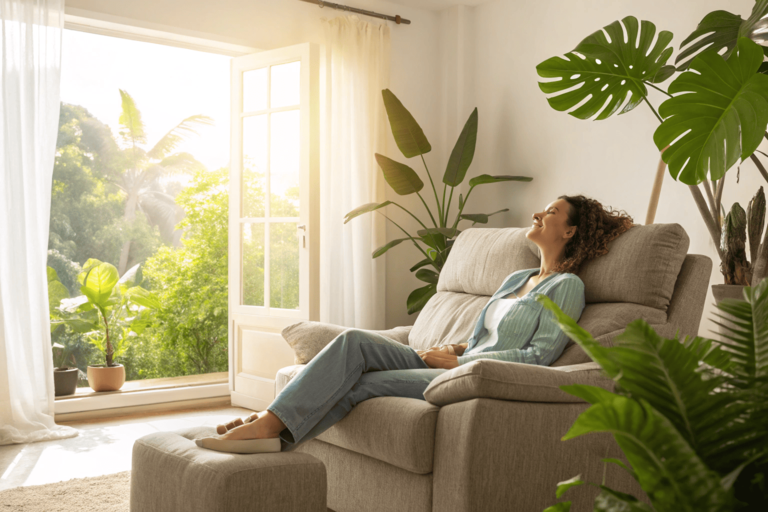 Woman relaxing on a fabric recliner in sunny tropical room