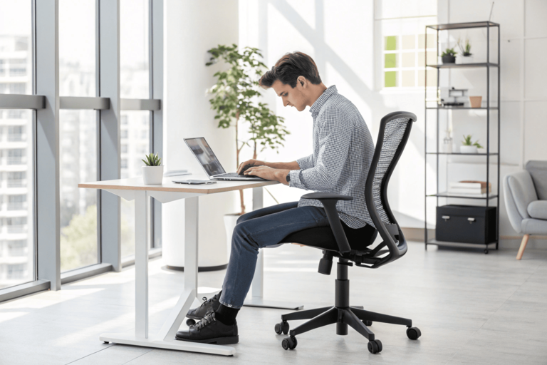 young man using ergonomic mesh chair at desk