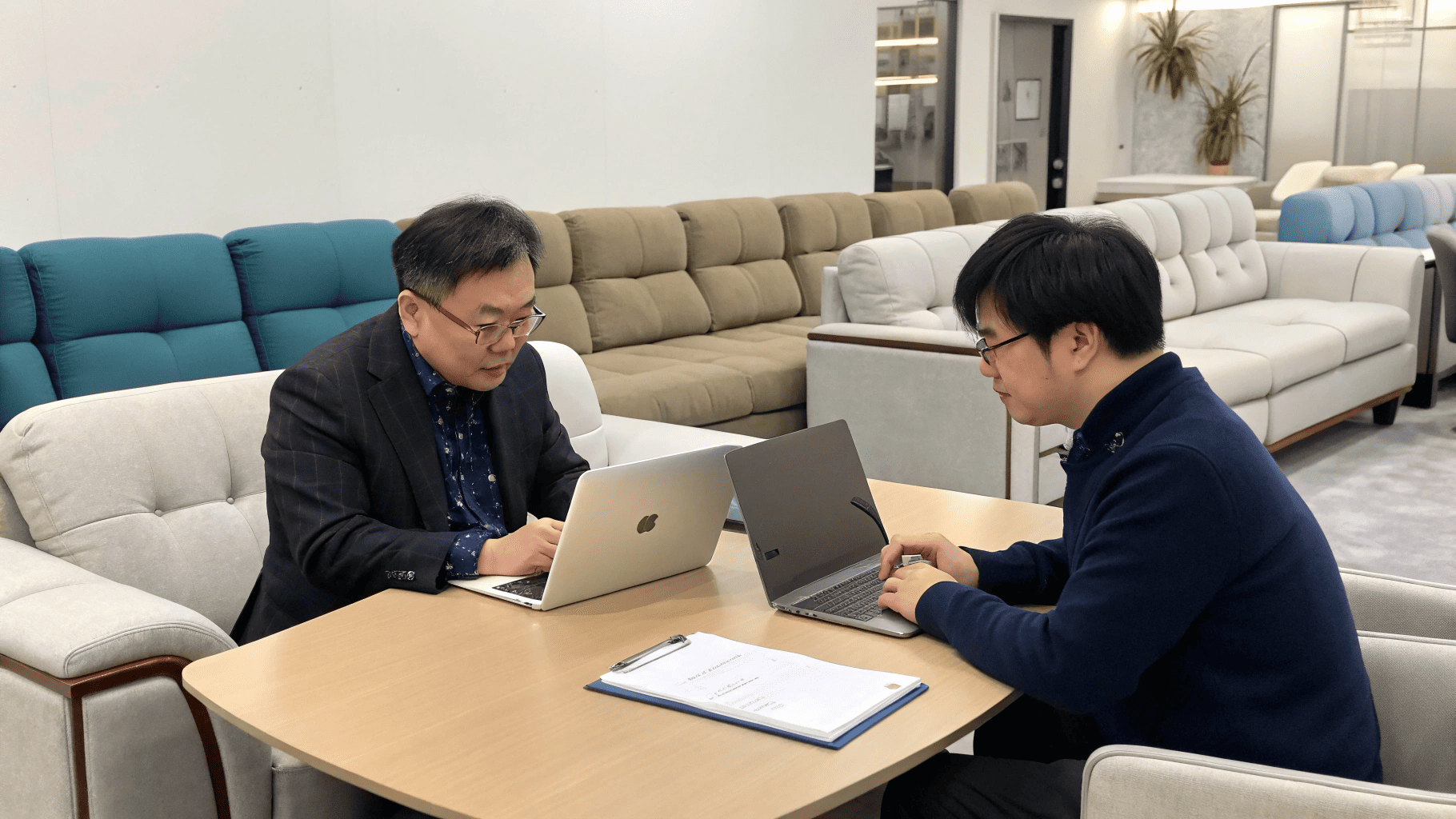Furniture buyer and supplier meeting with sofa samples