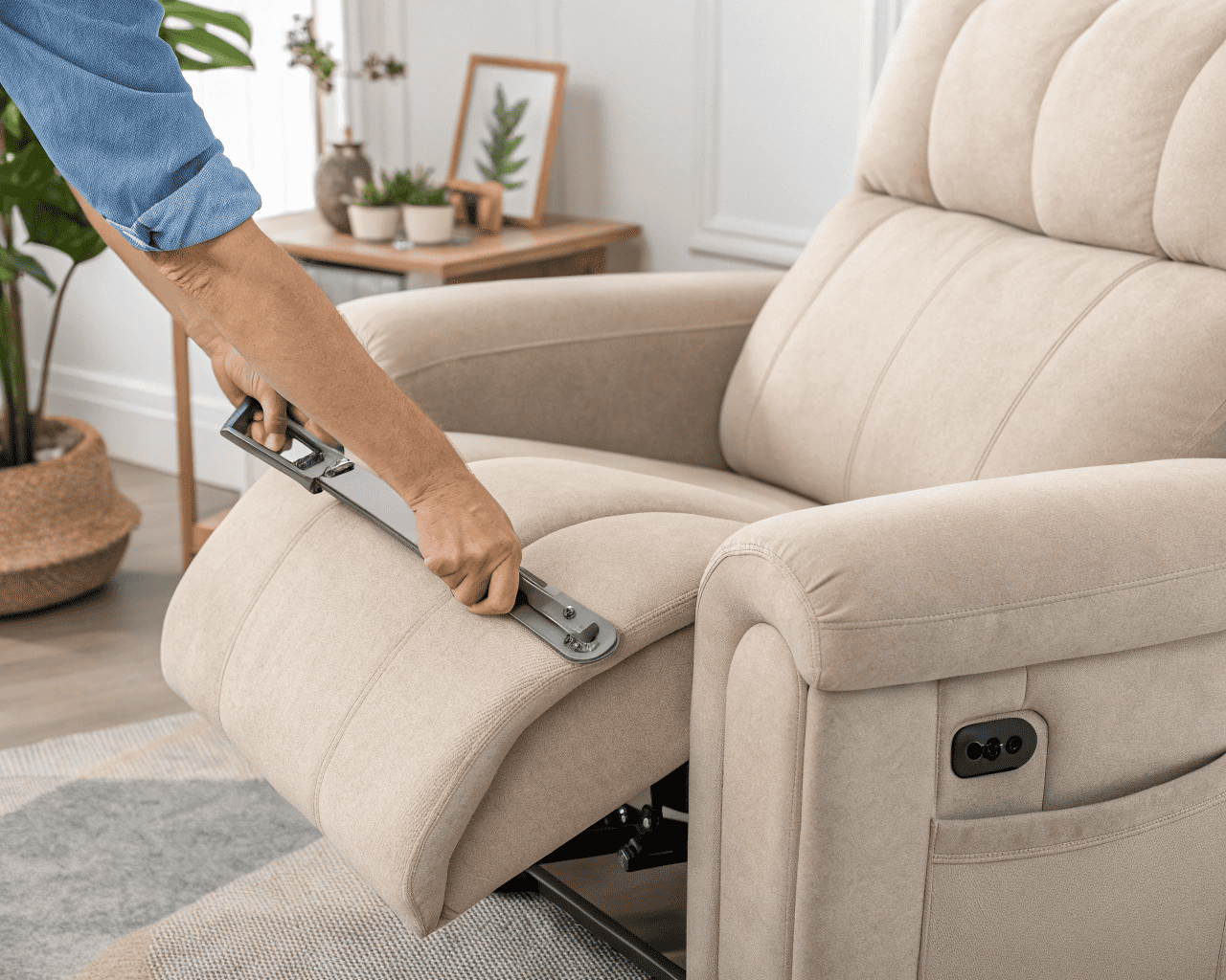 manual recliner handle adjustment close-up