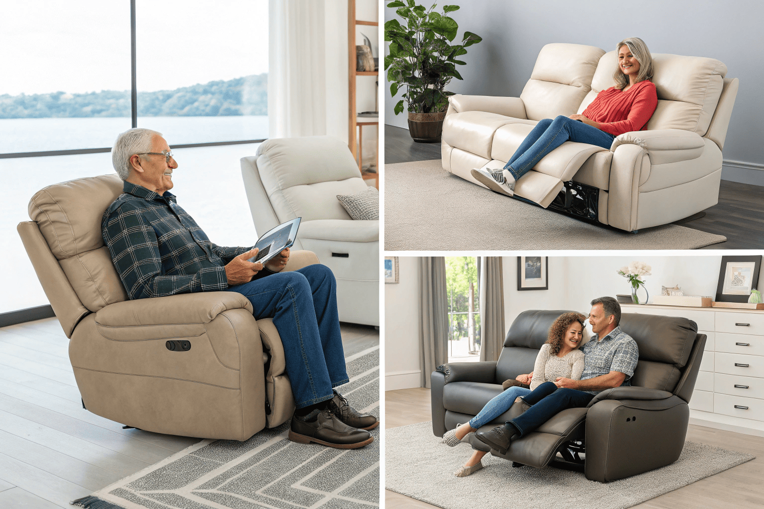 diverse users testing recliner sofas in different settings