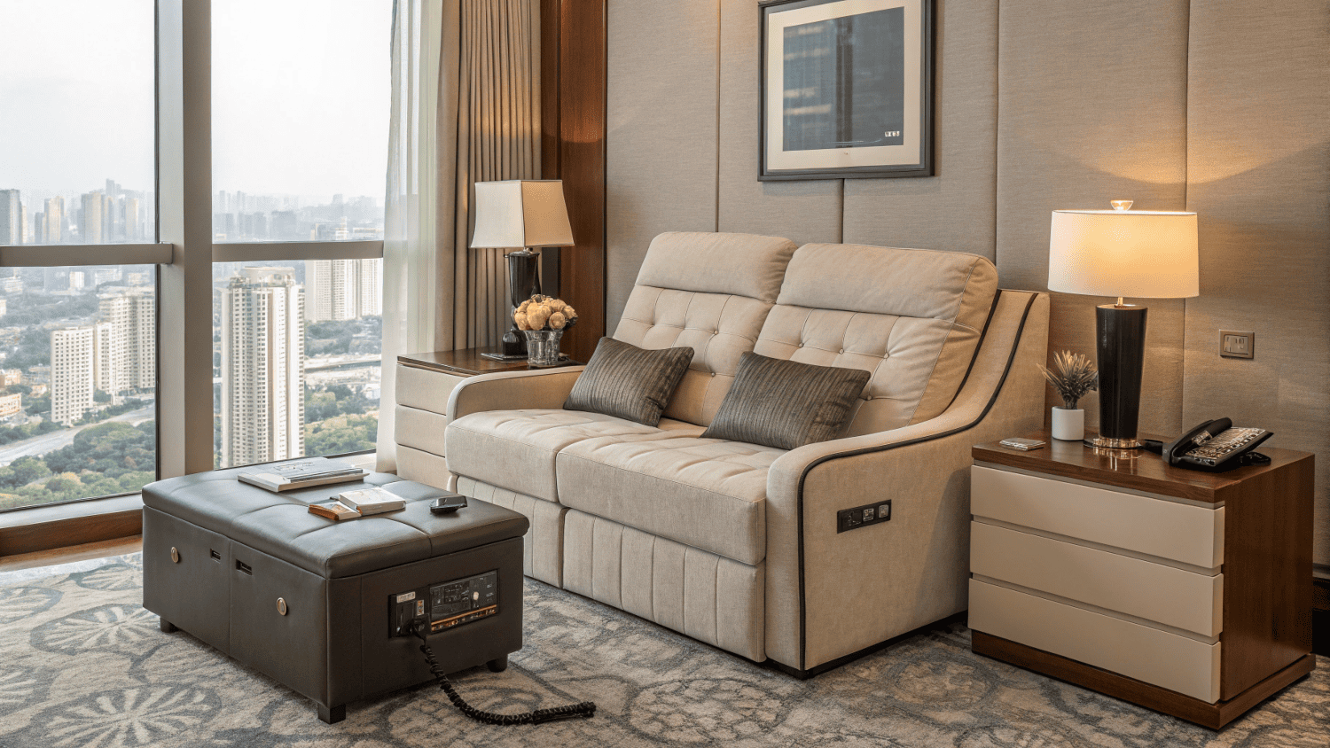 Power-lift functional sofa in a luxury hotel room