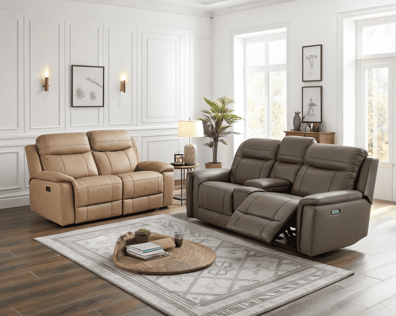 manual vs electric recliner sofas side by side in living room