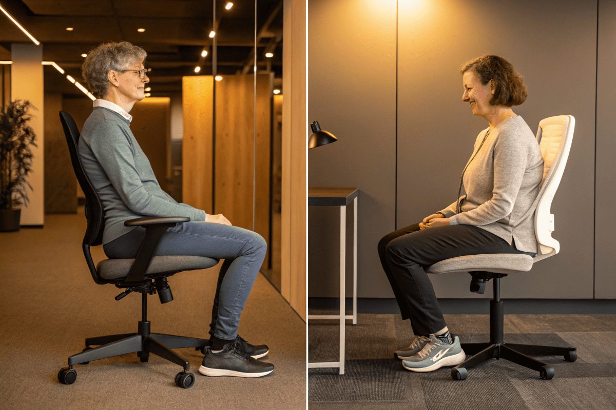 side-by-side users testing molded and cut foam office chairs