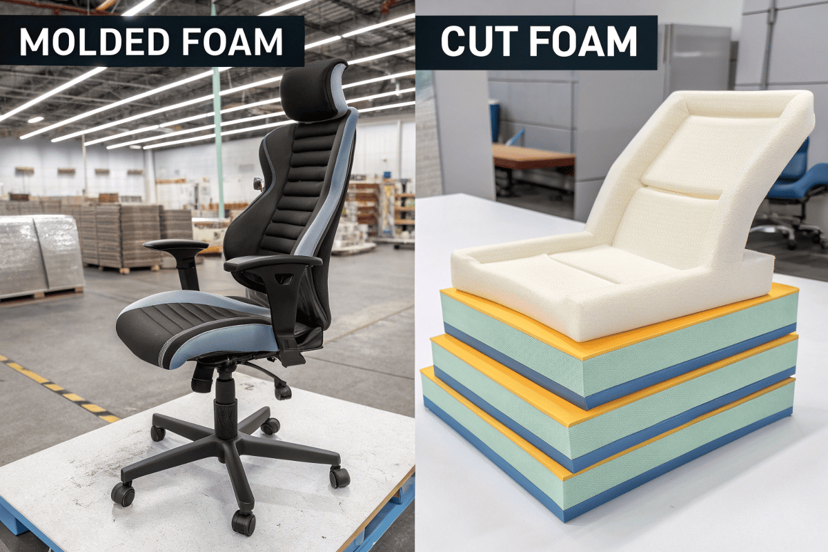 split-screen image of molded foam vs cut foam structure comparison