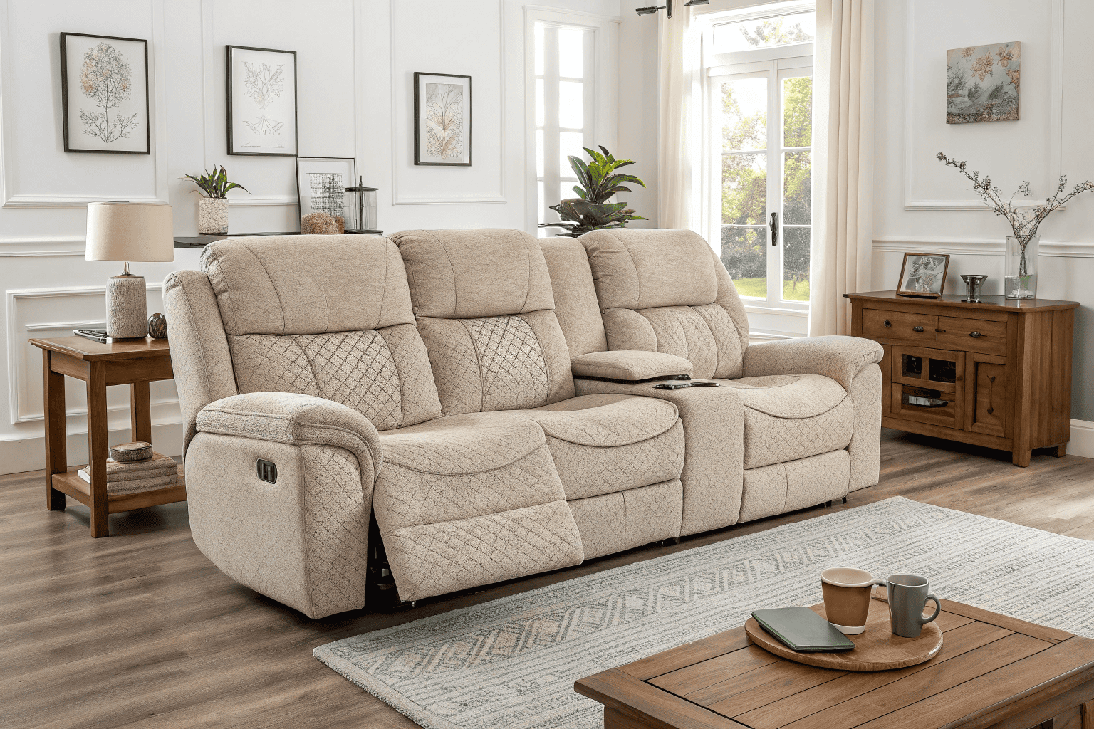 3-seater recliner sofa with visible center console between two recliners
