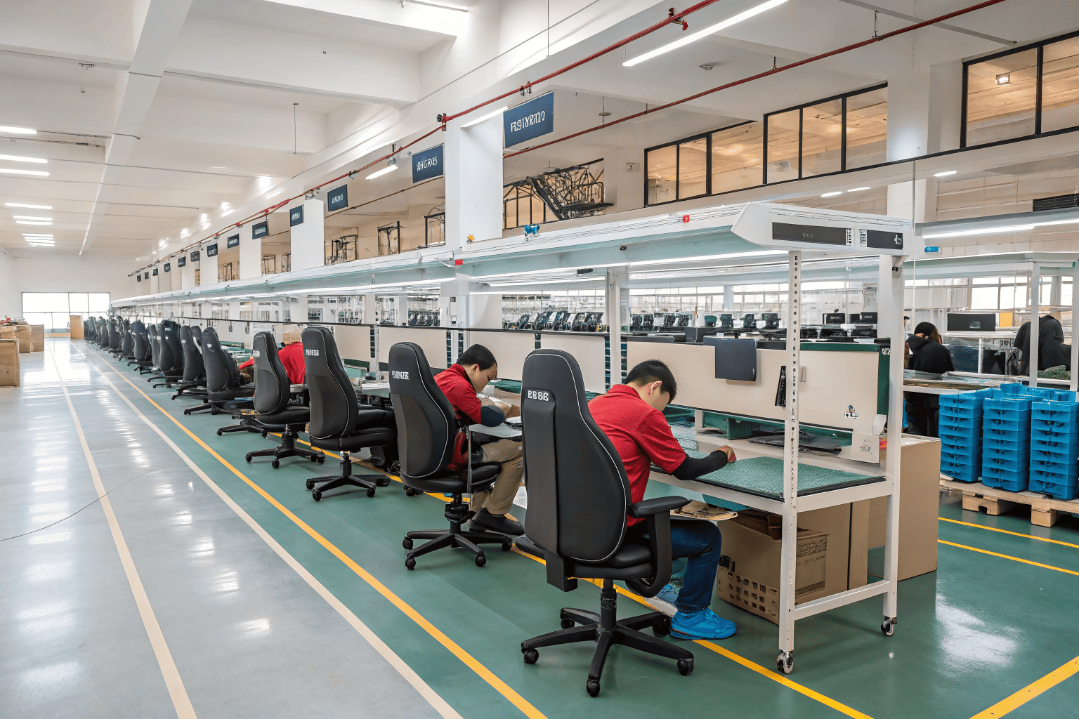 Modern Chinese office chair factory interior with workers assembling chairs