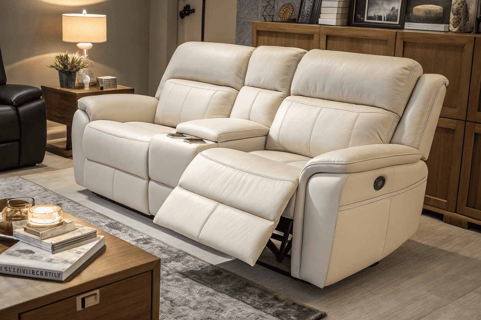 Close-up of a dual-recline 2-seater sofa with legrests extended in a cozy space