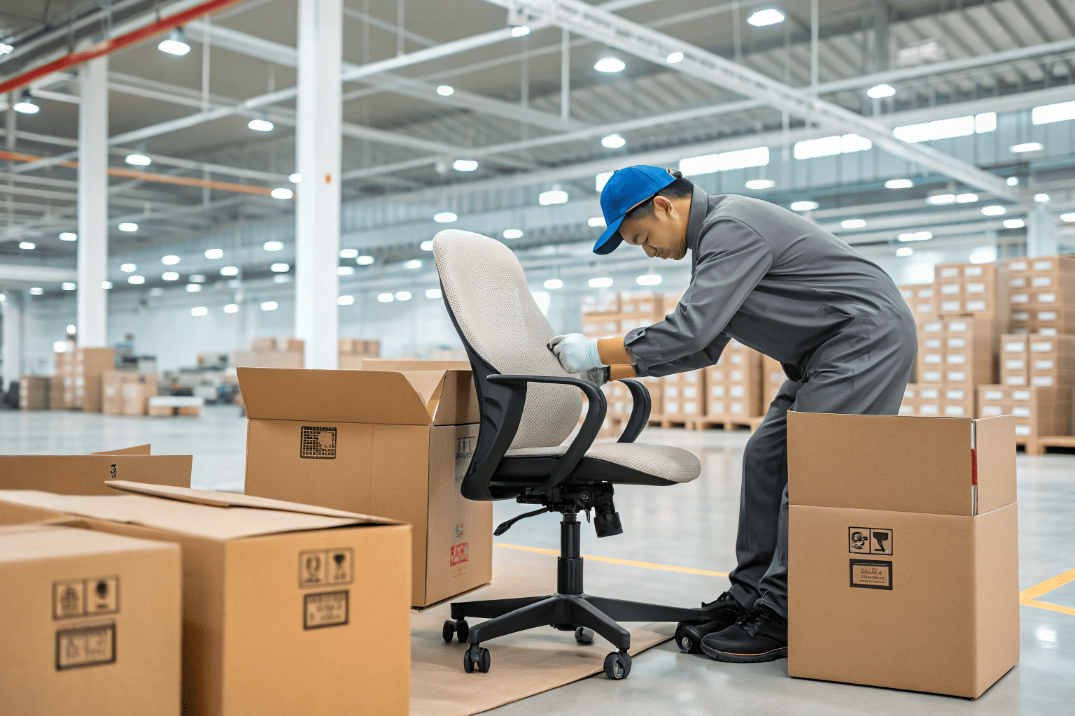 Factory worker packing office chair sample
