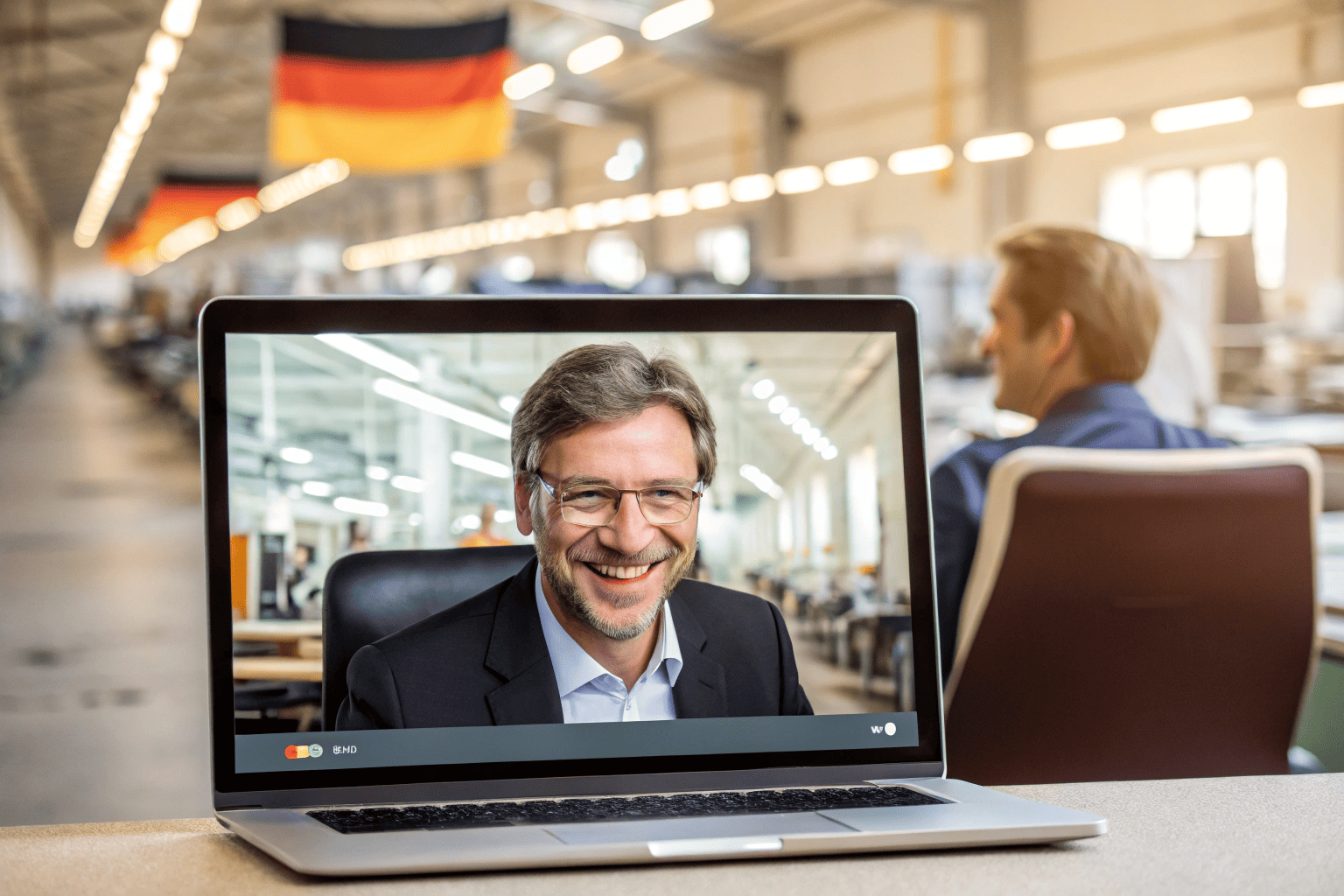 Video call between foreign buyer and factory manager inside chair factory