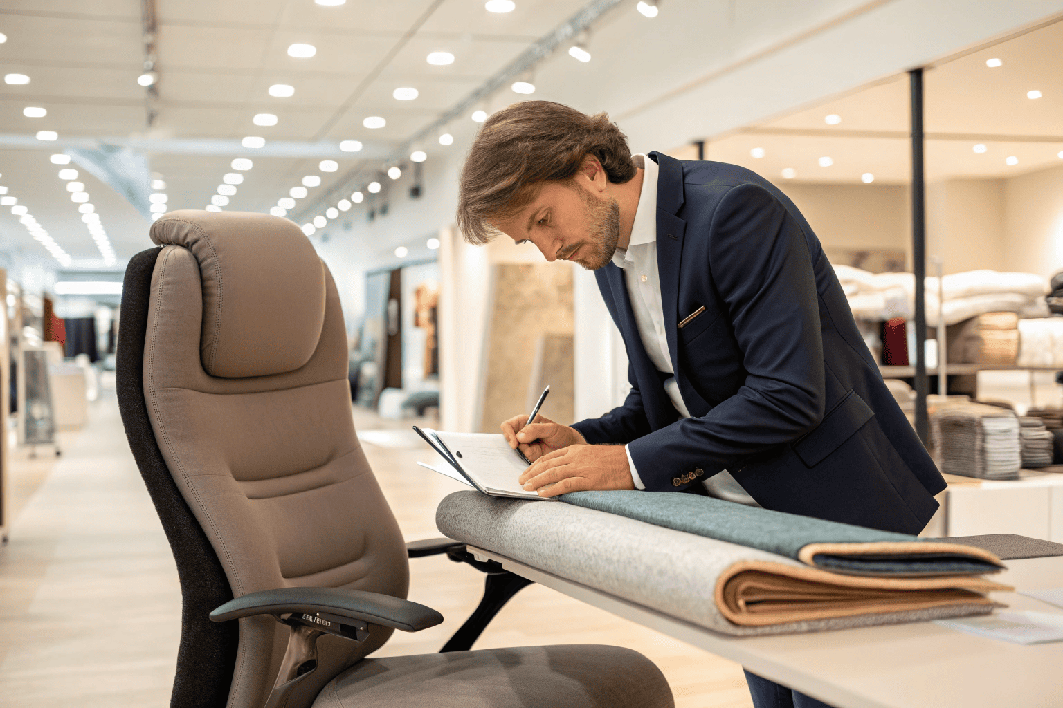 Buyer checking fabric samples and chair quality