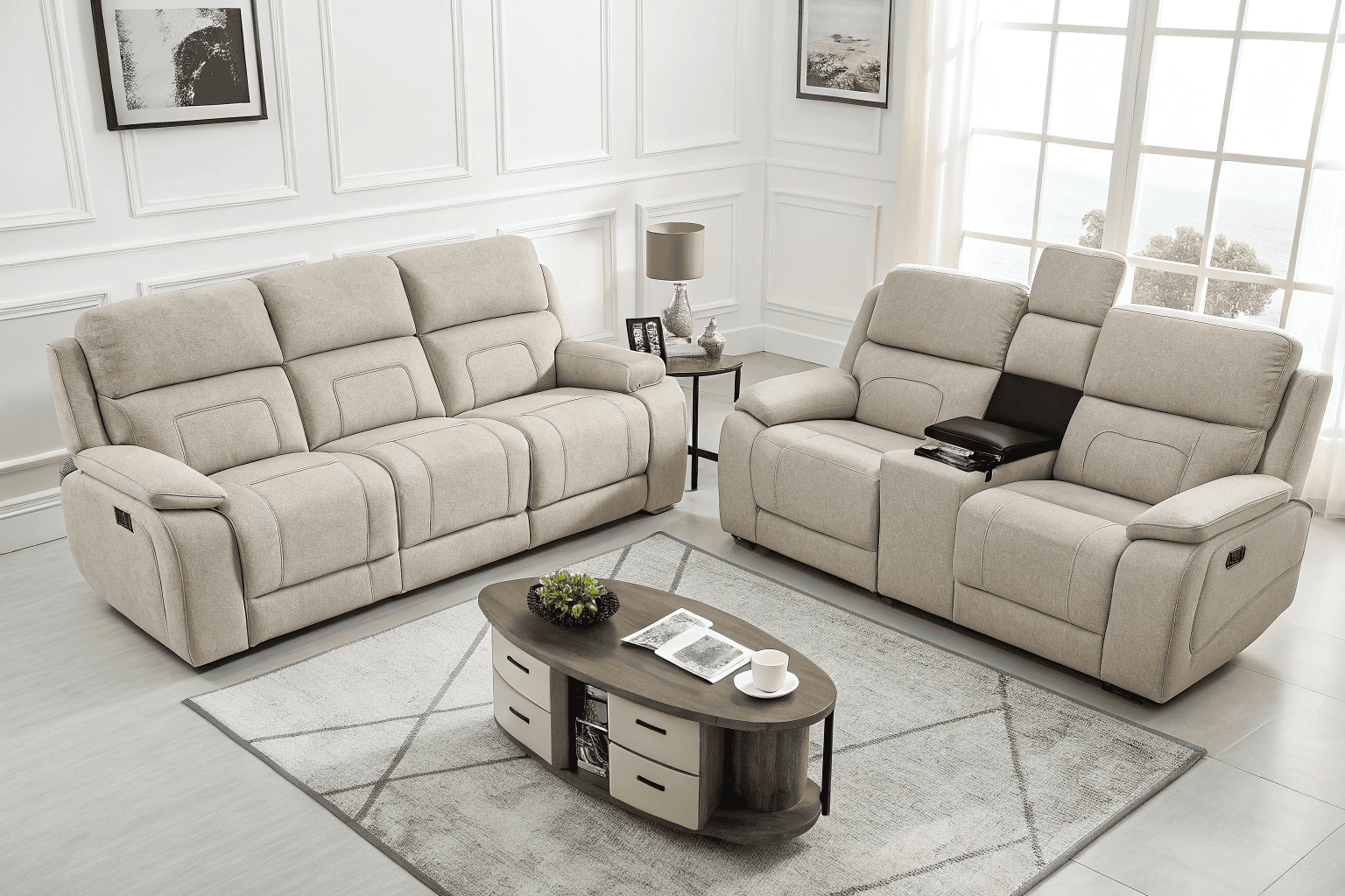 Side-by-side view of a 2-seater and 3-seater recliner sofa in a modern living room
