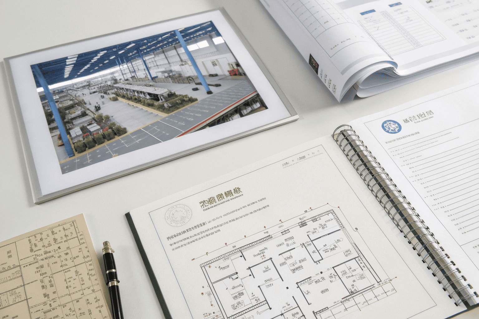 Factory certifications, floor plans, and audit documents on desk