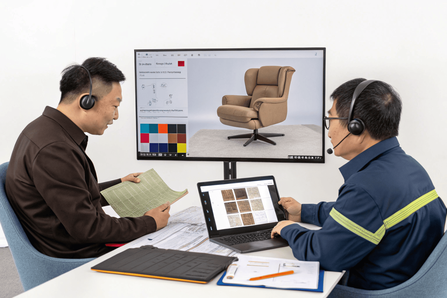 Furniture buyer and supplier reviewing sample via video