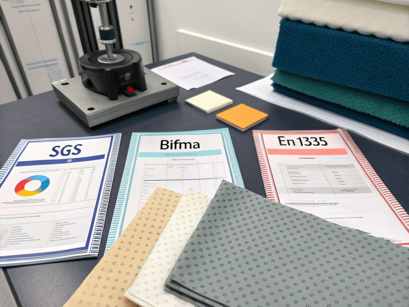 Office chair certification documents including SGS, BIFMA, and EN1335