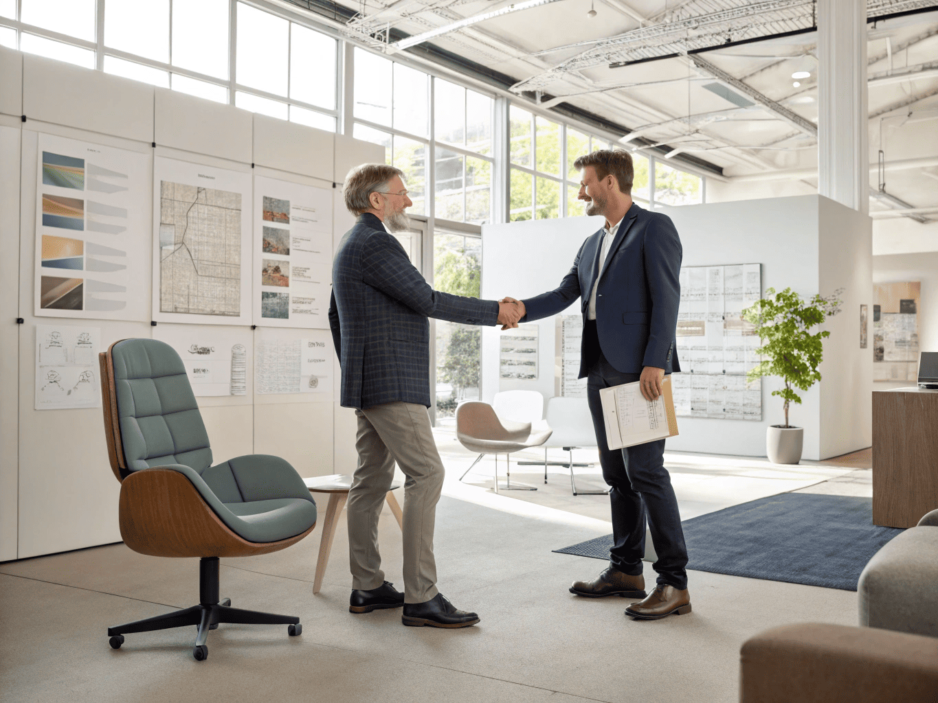 Furniture dealer handshake in modern showroom