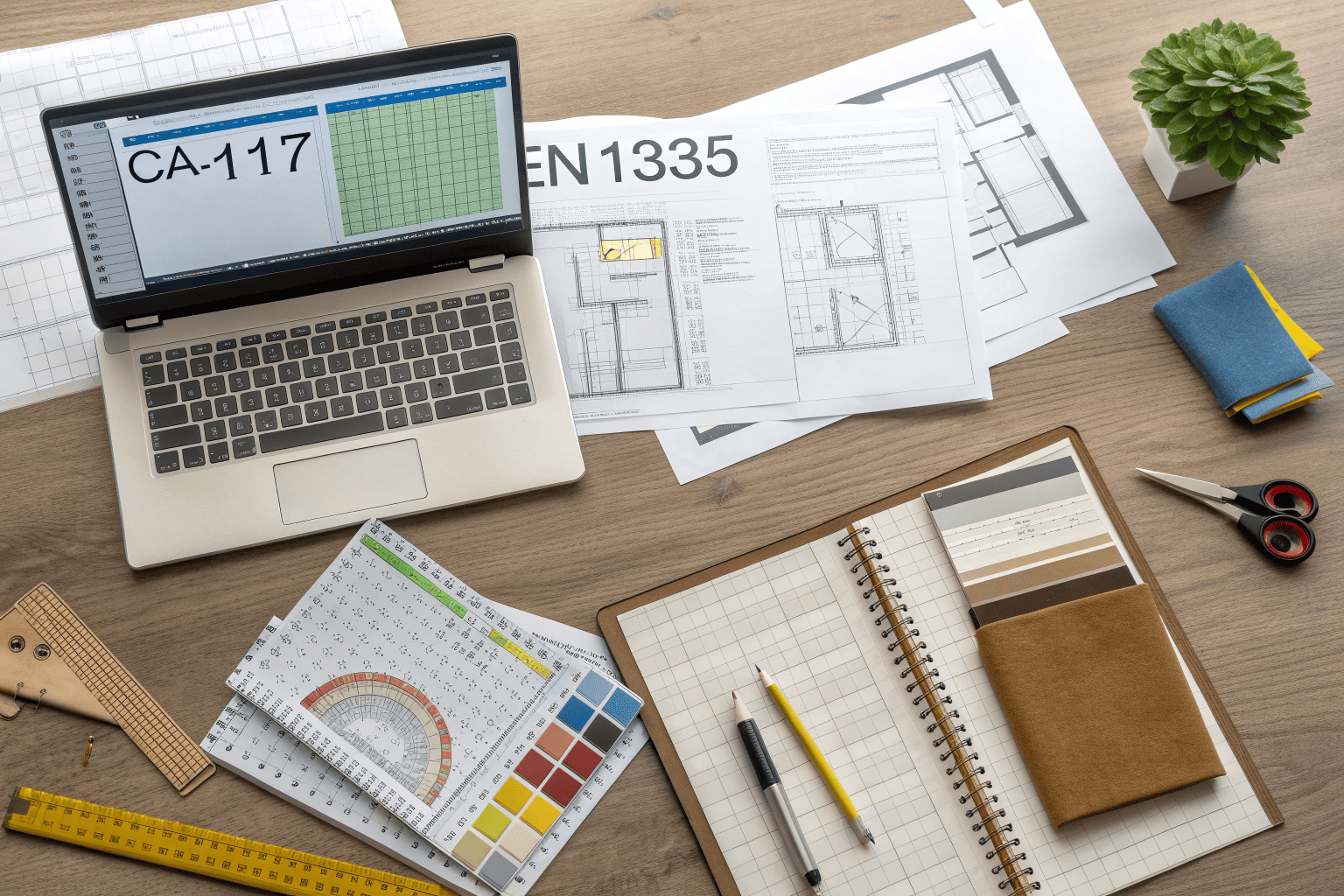 Technical desk with certifications and fabric samples