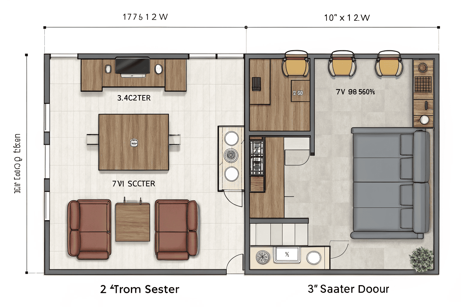 Top-view layout showing space usage with both 2-seater and 3-seater recliners